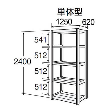 高耐食性メッキ中量棚 段300kg 天地5段 単体型 2400高さ 1250幅 620奥行