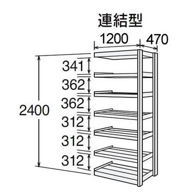 高耐食性メッキ中量棚 段300kg 天地7段 連結型 2400高さ 1200幅 470奥行