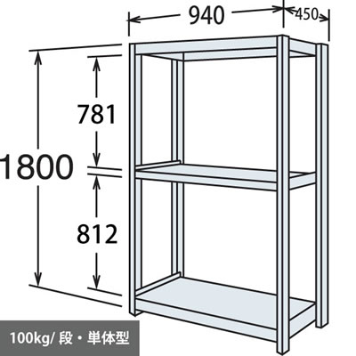 軽量棚 段100kg 天地3段 単体型 1800高さ 940幅 450奥行 スノーホワイト