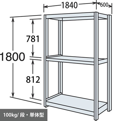 軽量棚 段100kg 天地3段 単体型 1800高さ 1840幅 600奥行 スノーホワイト