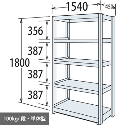 軽量棚 段100kg 天地5段 単体型 1800高さ 1540幅 450奥行 スノーホワイト