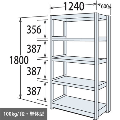 軽量棚 段100kg 天地5段 単体型 1800高さ 1240幅 600奥行 スノーホワイト