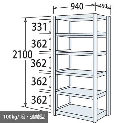 軽量棚 段100kg 天地6段 単体型 2100高さ 940幅 450奥行 スノーホワイト