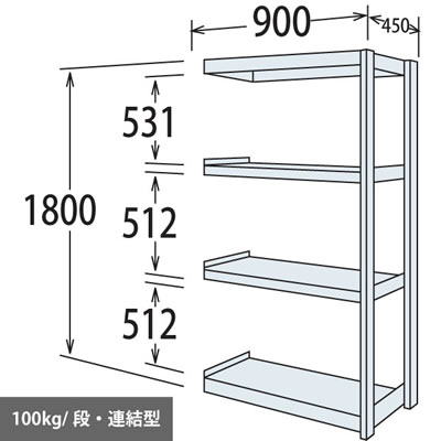 軽量棚 段100kg 天地4段 連結型 1800高さ 900幅 450奥行 スノーホワイト