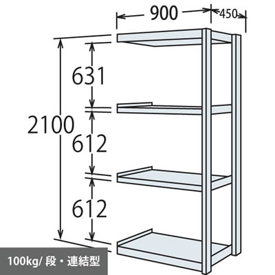 軽量棚 段100kg 天地4段 連結型 2100高さ 900幅 450奥行 スノーホワイト