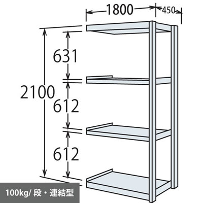 軽量棚 段100kg 天地4段 連結型 2100高さ 1800幅 450奥行 スノーホワイト