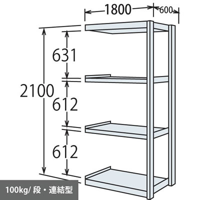 軽量棚 段100kg 天地4段 連結型 2100高さ 1800幅 600奥行 スノーホワイト