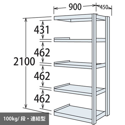 軽量棚 段100kg 天地5段 連結型 2100高さ 900幅 450奥行 スノーホワイト