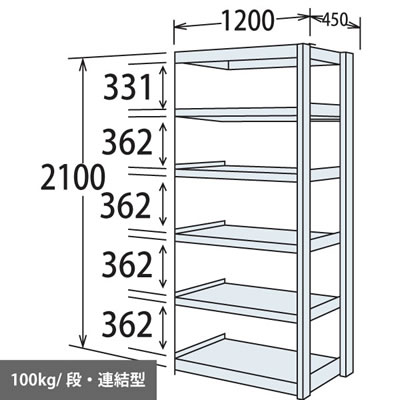 軽量棚 段100kg 天地6段 連結型 2100高さ 1200幅 450奥行 スノーホワイト