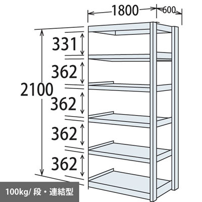 軽量棚 段100kg 天地6段 連結型 2100高さ 1800幅 600奥行 スノーホワイト