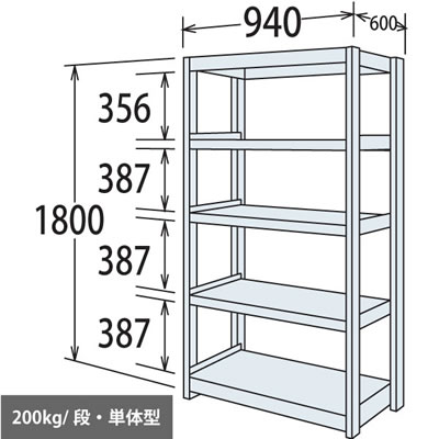 中軽量棚 段200kg 天地5段 単体型 高さ1800 幅940 奥行600 スノーホワイト