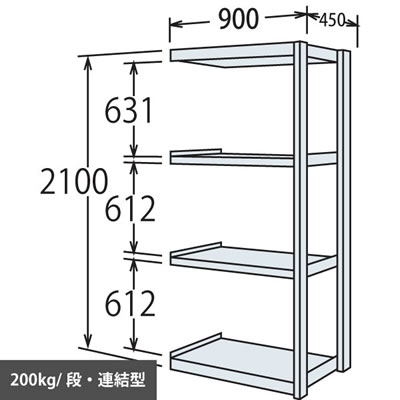 中軽量棚 段200kg 天地4段 連結型 高さ2100 幅900 奥行450 スノーホワイト