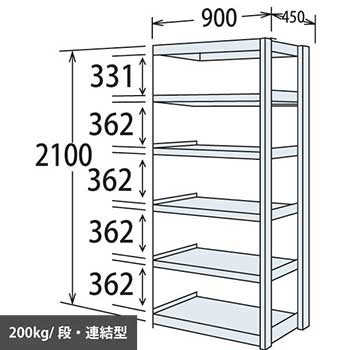 6H76MB-Z269 中軽量棚 段200kg 天地6段 連結型 高さ2100 幅900 奥行450 スノーホワイト