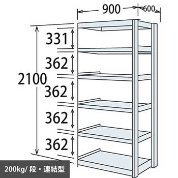 6H76MC-Z269 中軽量棚 段200kg 天地6段 連結型 高さ2100 幅900 奥行600 スノーホワイト