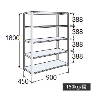 63X5AB-Z269 63軽量棚 A型 オープン棚 高さ1800天地5段 幅900 奥行き450 スノーホワイト