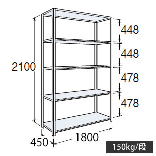 63軽量棚 A型 オープン棚 高さ2100天地5段 幅1800 奥行き450 スノーホワイト