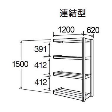 高耐食性メッキ中量棚 段300kg 天地4段 連結型 1500高さ 1200幅 620奥行