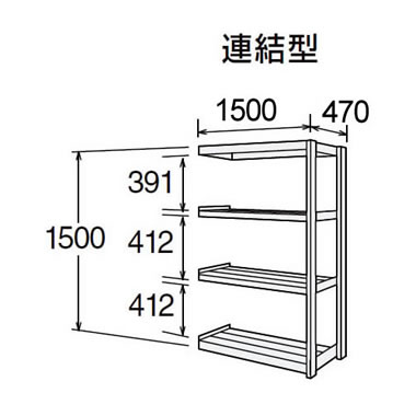 高耐食性メッキ中量棚 段300kg 天地4段 連結型 1500高さ 1500幅 470奥行