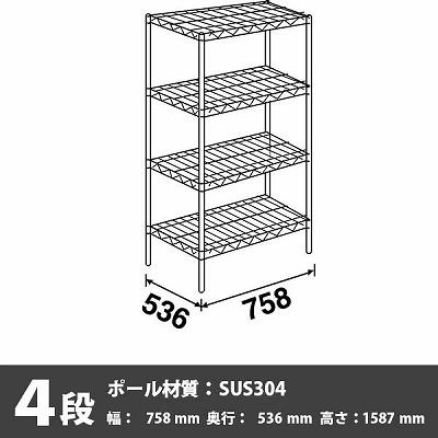 スーパーエレクター・シェルフ 4段 1587高さ 758幅 536奥行 SUS304ポール