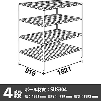 SLLS1820・PS1900-4 ステンレスエレクター・シェルフ 4段 高さ1900mm 幅1820mm 奥行910mm