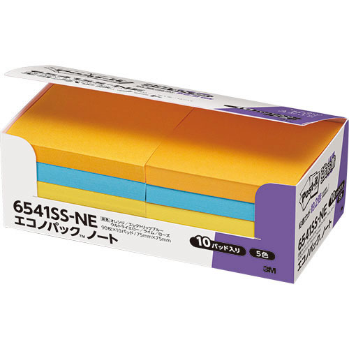 3M 6541SS-NE ポスト・イット 強粘着ノート エコノパック 75×75mm ネオンカラー (419-2671) 1パッ