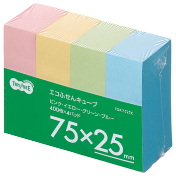 TANOSEE TGK-7525C エコふせん キューブ 75×25mm 400枚混色 4冊入 （518-0615）