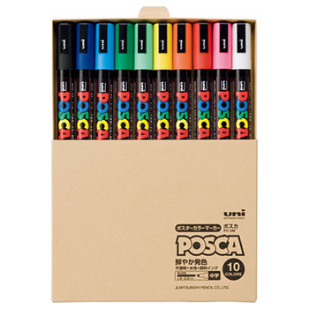 三菱鉛筆 PC5MT10C 水性サインペン ポスカ 中字・丸芯 簡易紙箱入り 10色セット (610-9561)