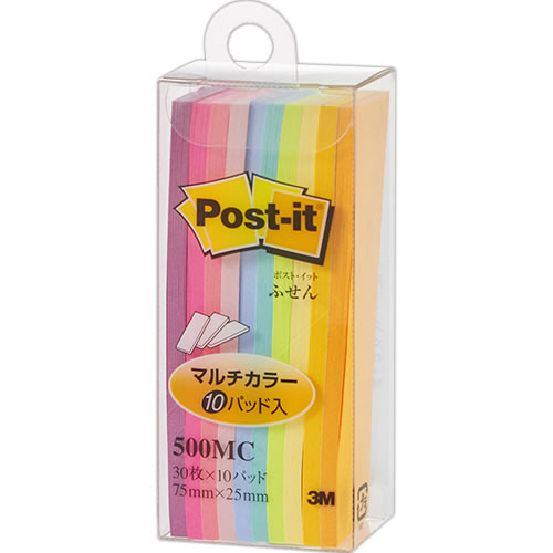 3M 500MC ポスト・イット ふせん 75×25mm マルチカラー 10色 (018-5585) 1パック=30枚×10冊入
