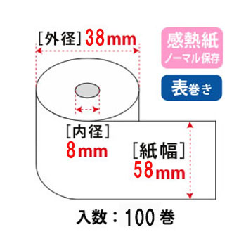 サーマルロール紙 W58mm×38φ×8C コアレス ノーマル 65μ