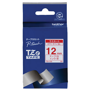 BROTHER TZE-232 ピータッチ TZeテープ ラミネートテープ 12mm 白/赤文字
