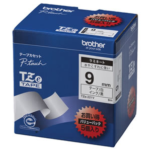 BROTHER TZe-221V ピータッチ TZeテープ ラミネートテープ 9mm 白/黒文字 業務用パック
