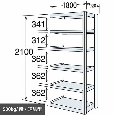 6N76ZV-Z269 中量棚 段500kg 天地6段 連結型 2100高さ 1800幅 920奥行 スノーホワイト 