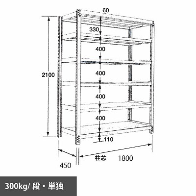 中量ラック 段300kg 天地6段 単独 2100高さ 1800幅 450奥行 グリーン