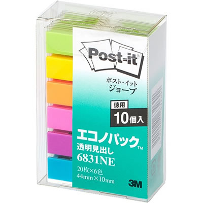 3M 6831NE ポスト・イット ジョーブ エコノパック 透明見出し 44×10mm パステルカラー6色 業務用パック