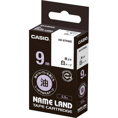 CASIO XR-9TRWE 油のついている面にもしっかりはれるテープ 9mm 白 黒文字