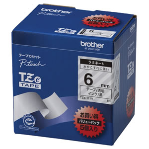 BROTHER TZe-111V ピータッチ TZeテープ ラミネートテープ 6mm 透明/黒文字 業務用パック