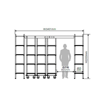 トップトラックシステムセット メトロマックスQ 間口3401mm 移動ユニット3台 棚板4段