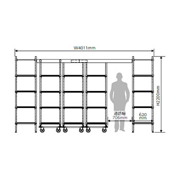 トップトラックシステムセット メトロマックスQ 間口4011mm 移動ユニット3台 棚板4段