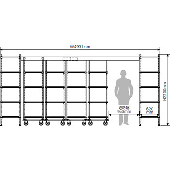 トップトラックシステムセット メトロマックスQ 間口4931mm 移動ユニット4台 棚板4段