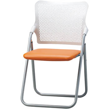 折りたたみスチールパイプ椅子 背：樹脂 座：S-fit レザー張り オレンジ