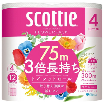 日本製紙クレシア 22730 スコッティ フラワーパック 3倍長持ち ダブル 芯あり 75m 香り付 4ロールパック