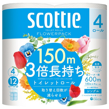 日本製紙クレシア 14006 スコッティ フラワーパック 3倍長持ち シングル 芯あり 150m 香り付 4ロールパック