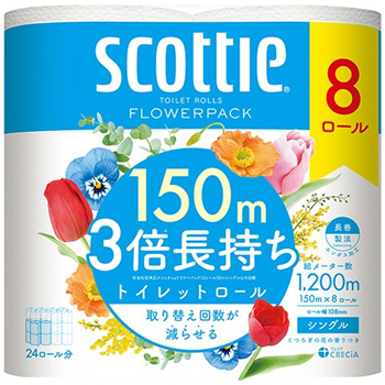 日本製紙クレシア 14010 スコッティ フラワーパック 3倍長持ち シングル 芯あり 150m 香り付 8ロールパック