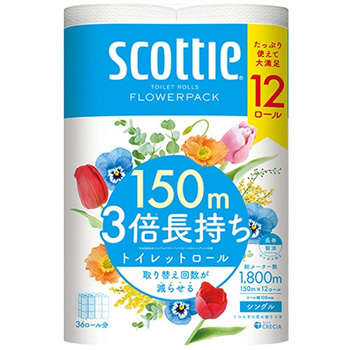 日本製紙クレシア 14012 スコッティ フラワーパック 3倍長持ち シングル 芯あり 150m 香り付 12ロールパック