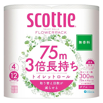 日本製紙クレシア 22736 スコッティ フラワーパック 3倍長持ち ダブル 芯あり 75m 無香料 4ロールパック
