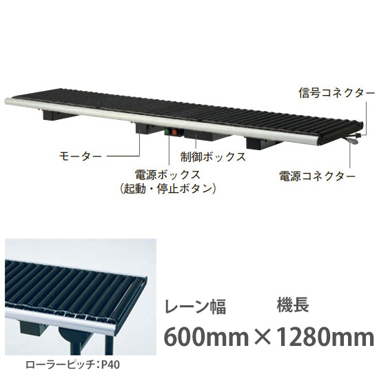 ライトローラ アキュームレーション 電源付U 幅600機長1280 ローラP40 搬送速度20m/分