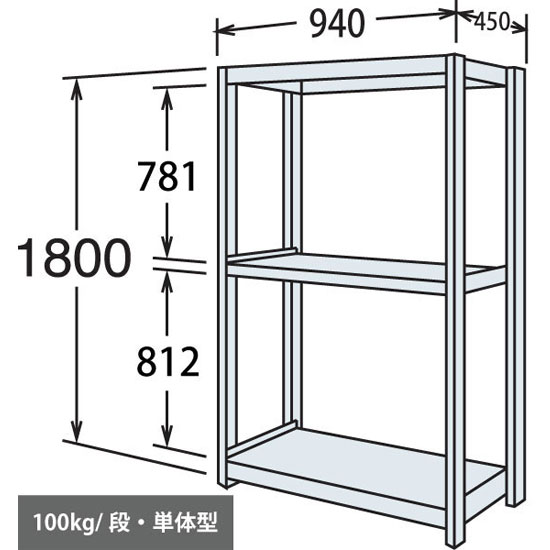 軽量棚 段100kg 天地3段 単体型 1800高さ 940幅 450奥行 ネオホワイト