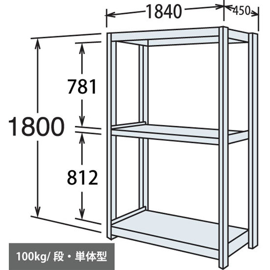 軽量棚 段100kg 天地3段 単体型 1800高さ 1840幅 450奥行 ネオホワイト