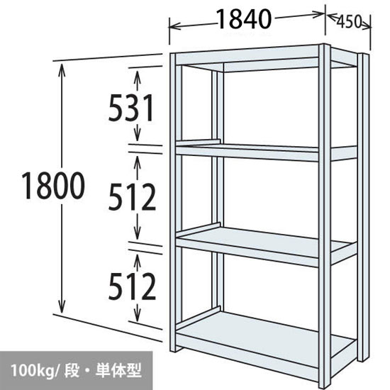 軽量棚 段100kg 天地4段 単体型 1800高さ 1840幅 450奥行 ネオホワイト