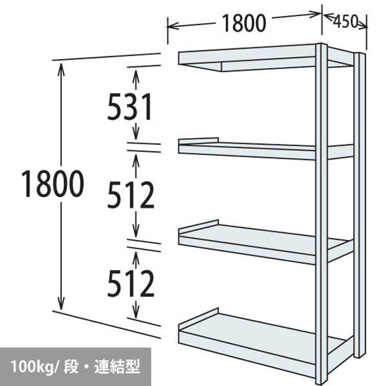 軽量棚 段100kg 天地4段 連結型 1800高さ 1800幅 450奥行 ネオホワイト